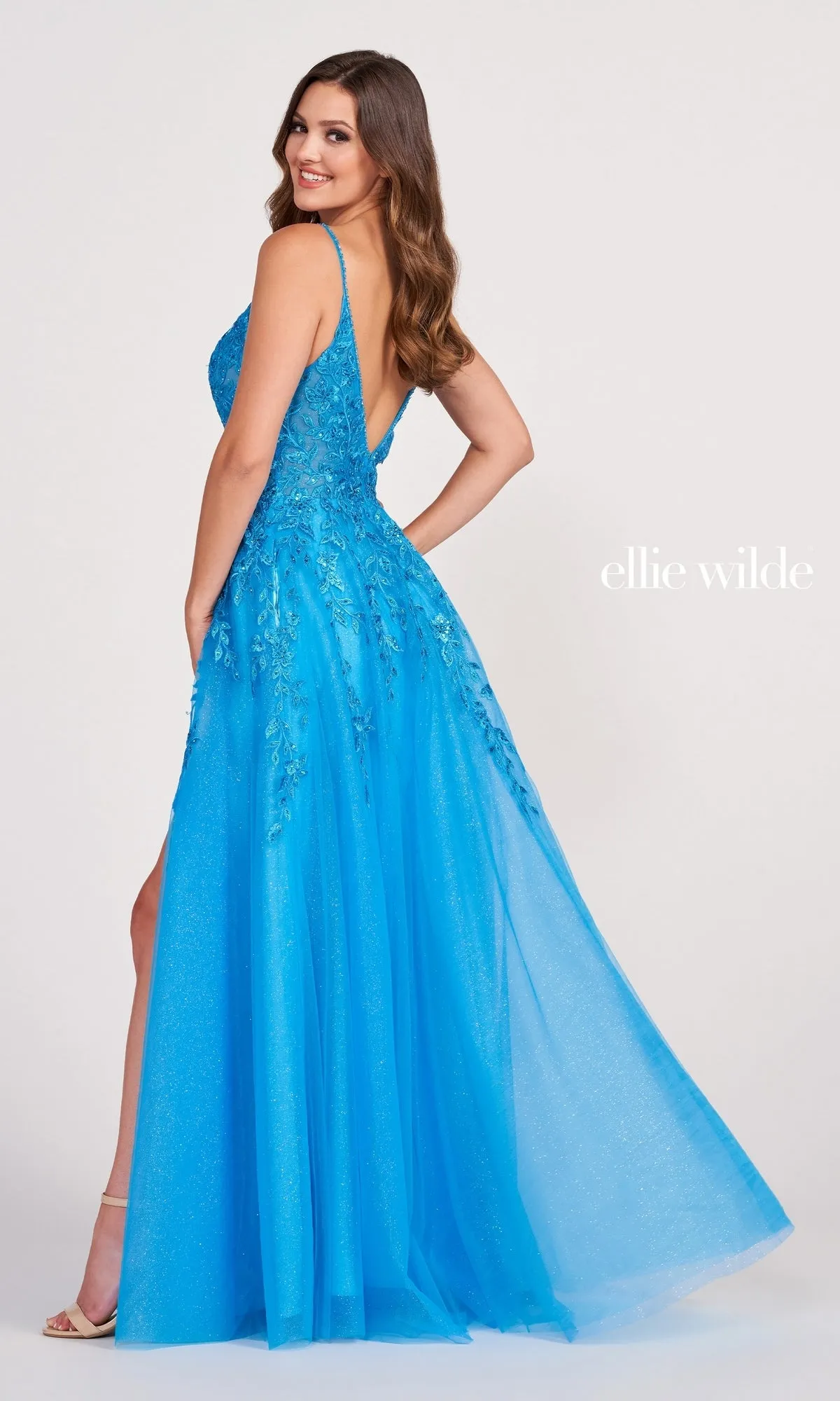 Glitter-Tulle Long Ellie Wilde Prom Dress EW34089 sold by PromGirl product image thumbnail 2