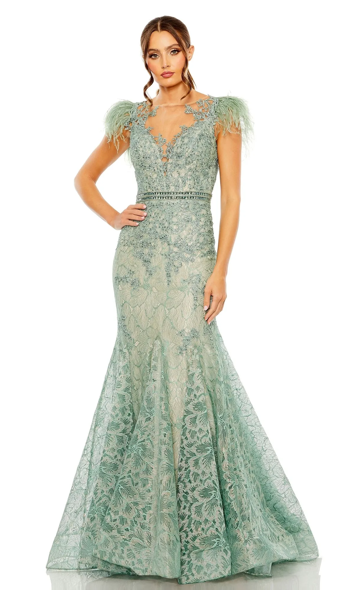 Feathered Long Lace Formal Dress: Mac Duggal 79230 sold by PromGirl