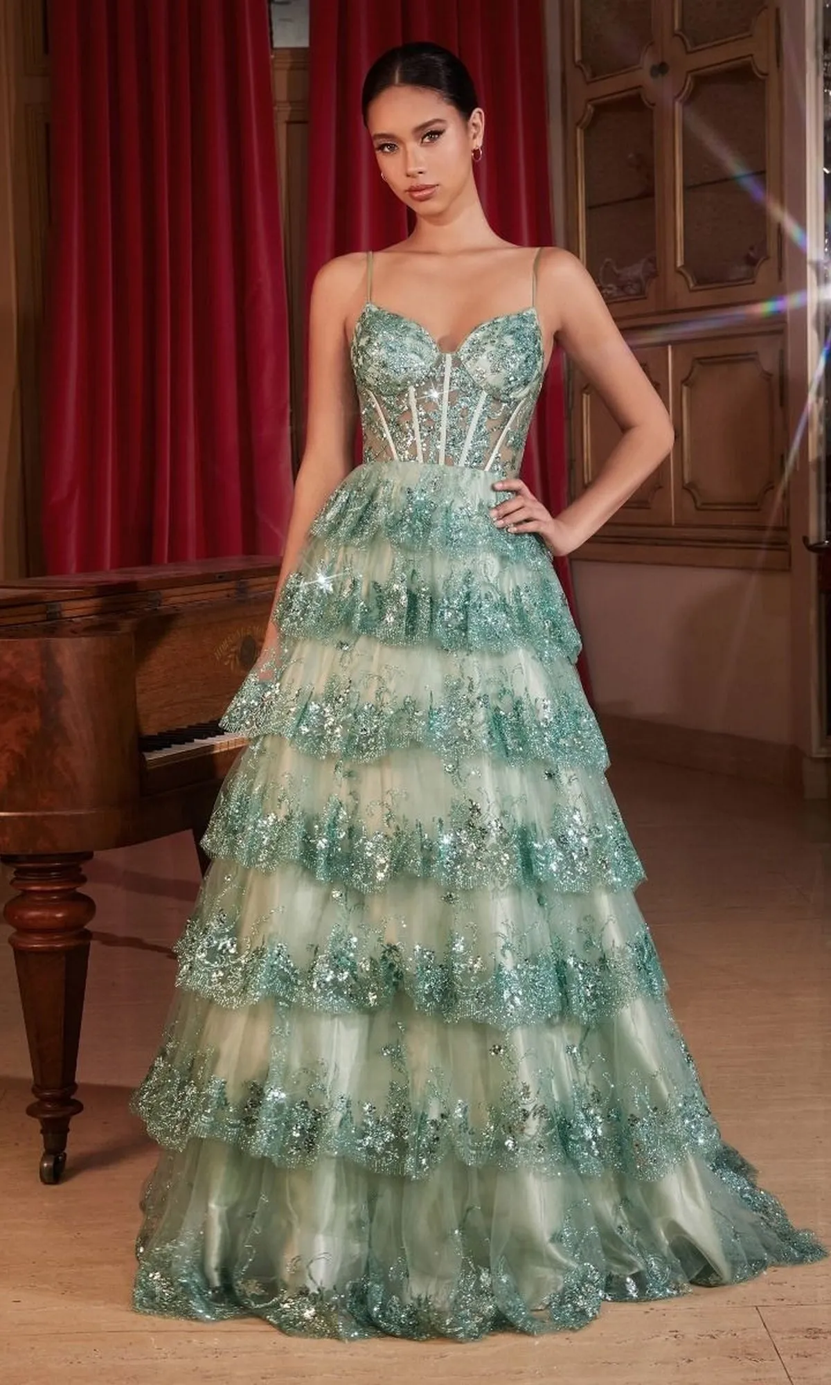 Sheer-Corset Long Glitter Prom Dress KV1108 sold by PromGirl