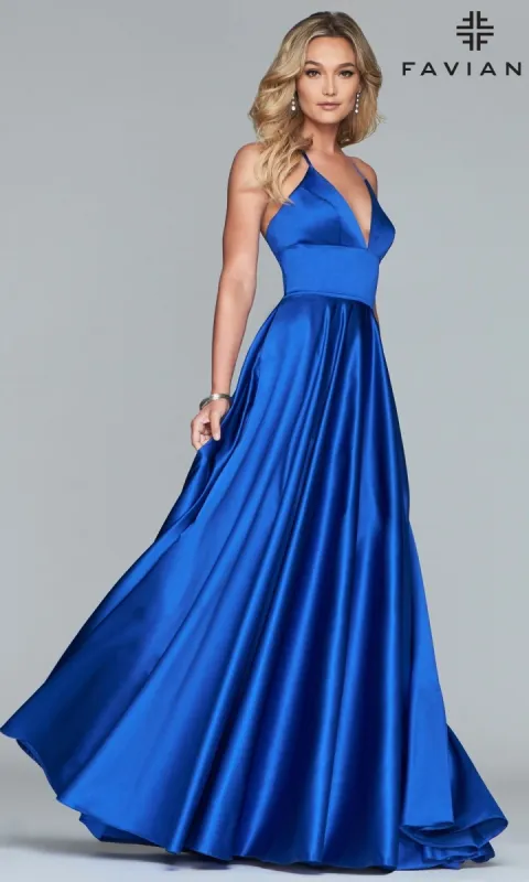 Corset-Back A-Line Long Satin Prom Dress by Faviana sold by PromGirl