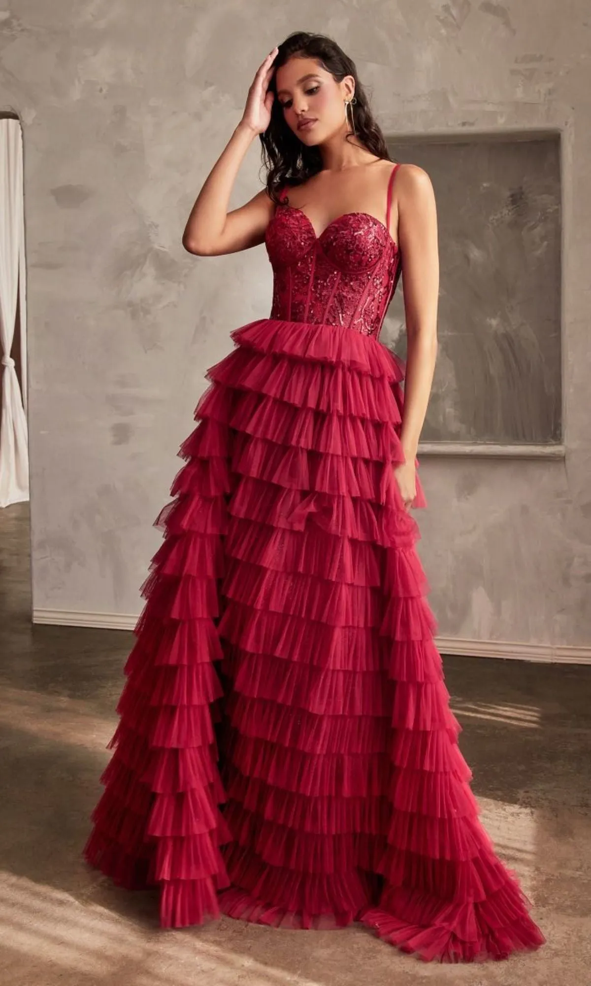 Long Burgundy A-Line Tiered Prom Dress CB143 sold by PromGirl