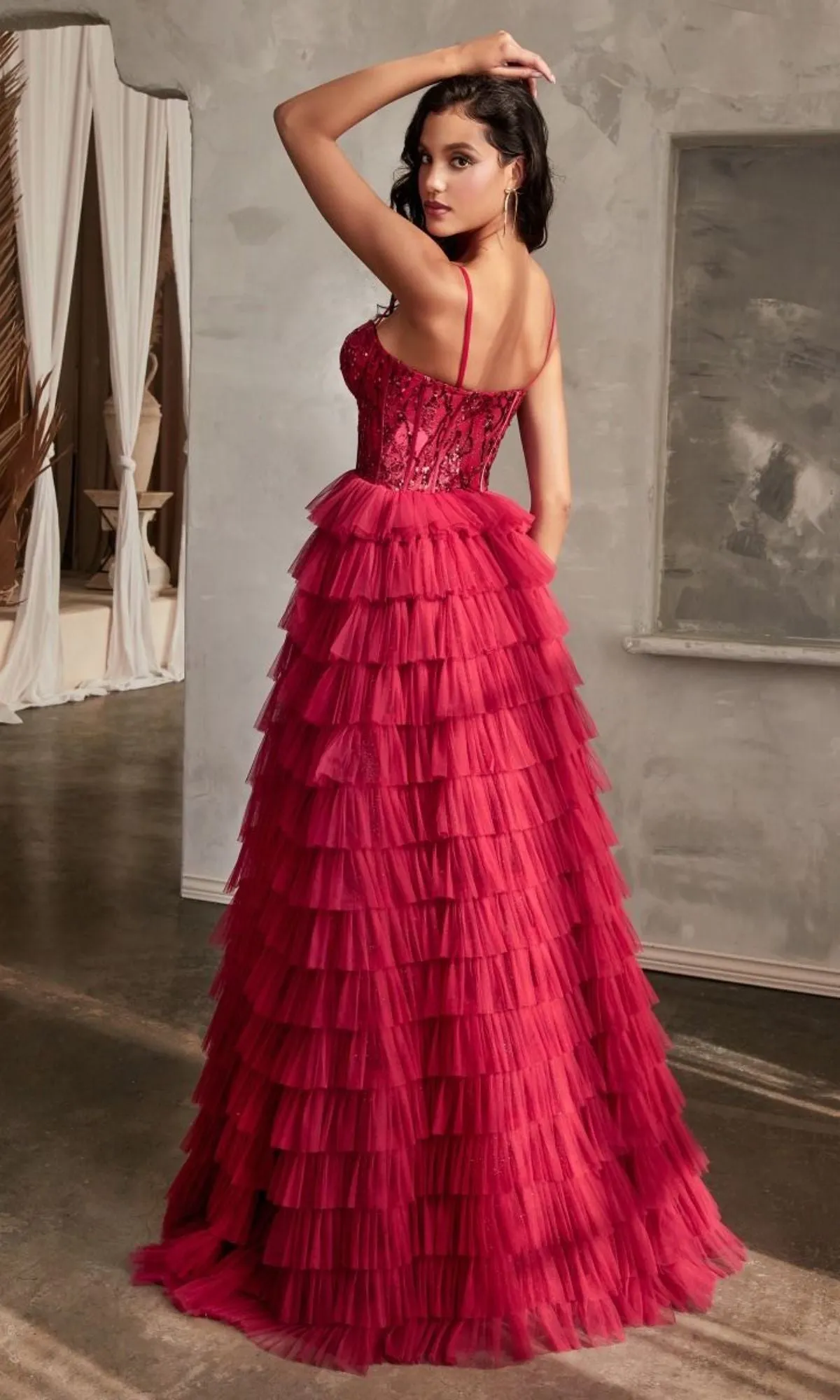 Long Burgundy A-Line Tiered Prom Dress CB143 sold by PromGirl product image thumbnail 2