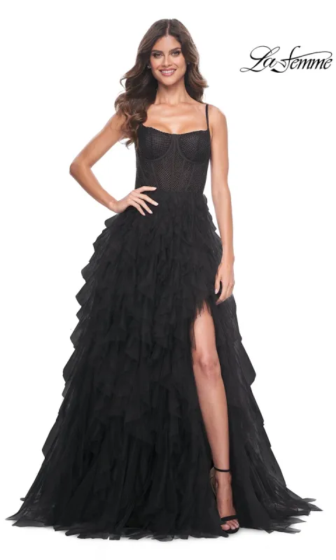 La Femme Sheer-Waist Long Ruffled Prom Dress 32233 sold by PromGirl