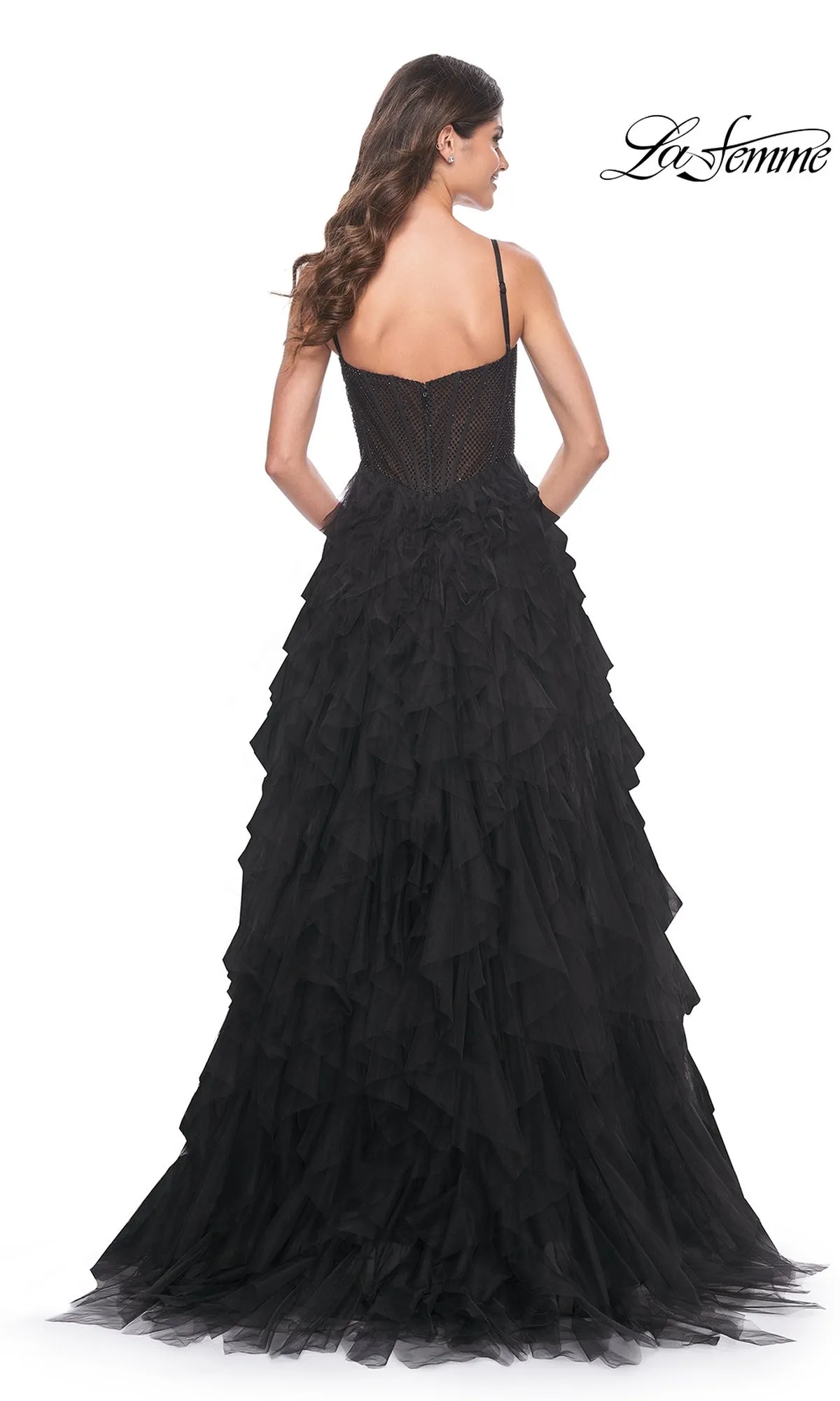 La Femme Sheer-Waist Long Ruffled Prom Dress 32233 sold by PromGirl product image thumbnail 2