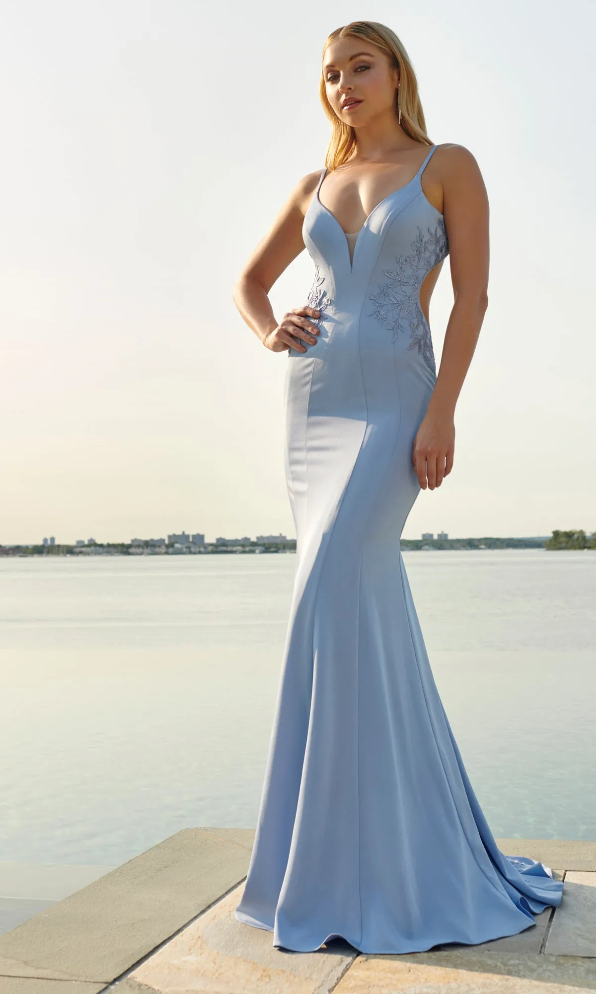 Faviana Long Satin Prom Dress with Side Cut Outs sold by PromGirl