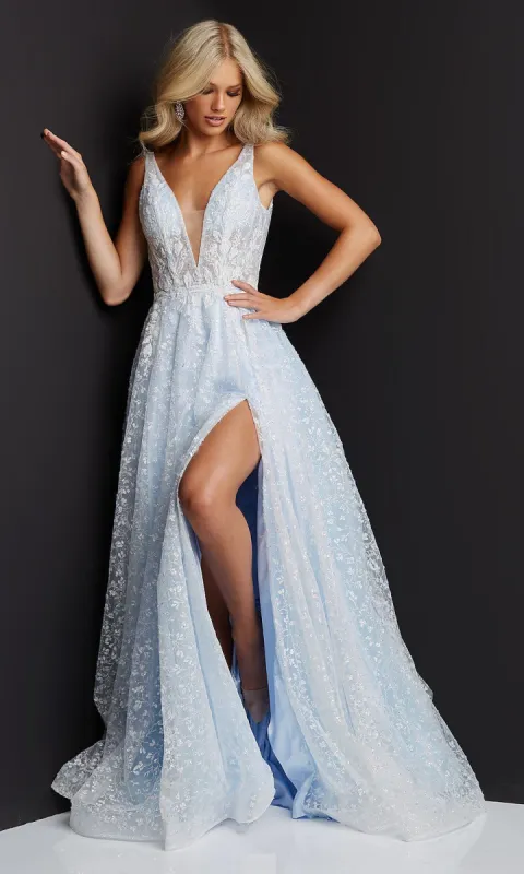 Light Blue JVN by Jovani Prom Ball Gown with Train sold by PromGirl