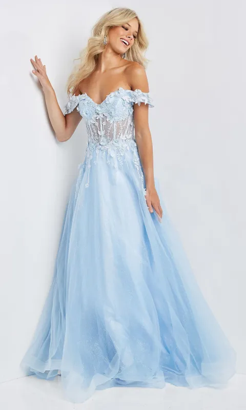 Corset-Bodice Long Off-the-Shoulder Prom Ball Gown sold by PromGirl