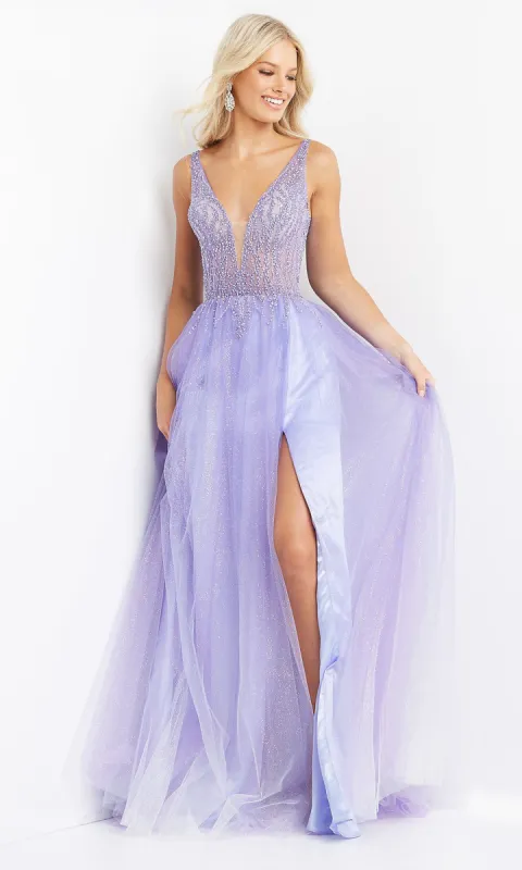 Glitter Sheer-Bodice Long Purple Prom Ball Gown sold by PromGirl