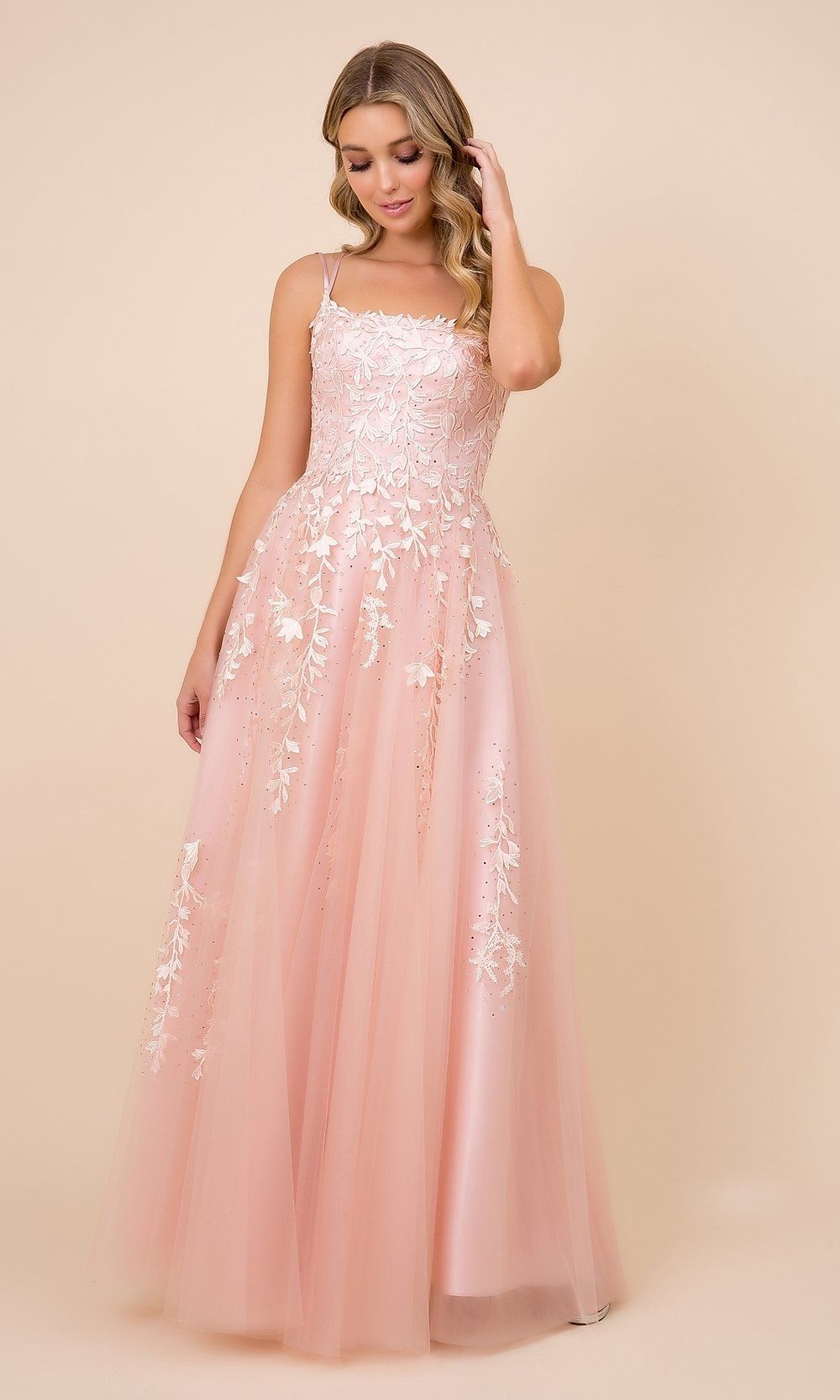 Lace-Up Tulle Long Prom Ball Gown with Embroidery sold by PromGirl