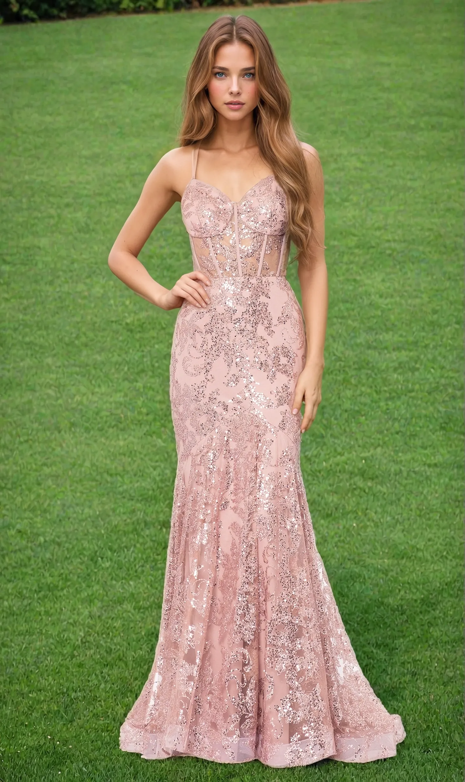 Sheer-Corset Long Glitter-Print Prom Dress 3960BN sold by PromGirl product image thumbnail 3
