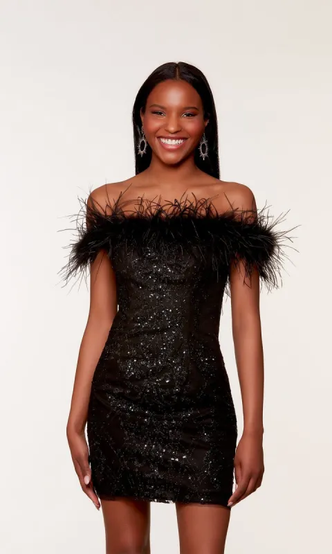 Feathered Short Black Glitter Homecoming Dress 4649 sold by PromGirl