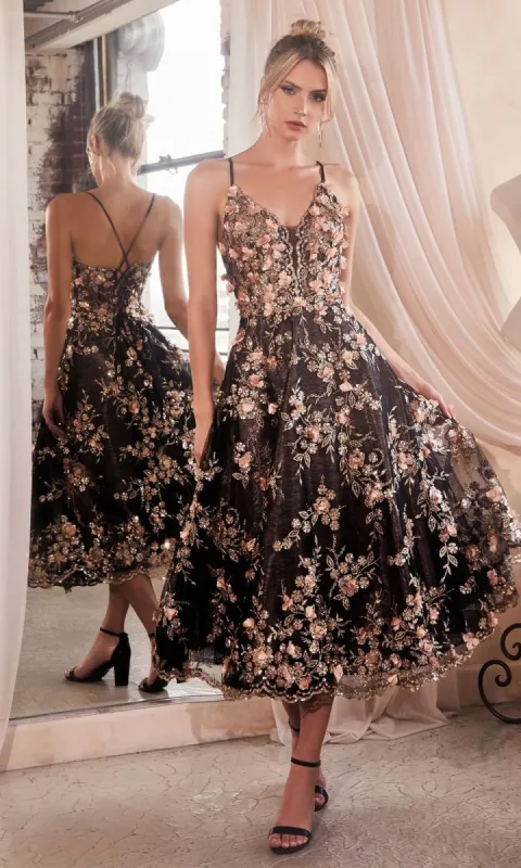 Floral-Embellished Tea-Length Party Dress CC2261 sold by PromGirl