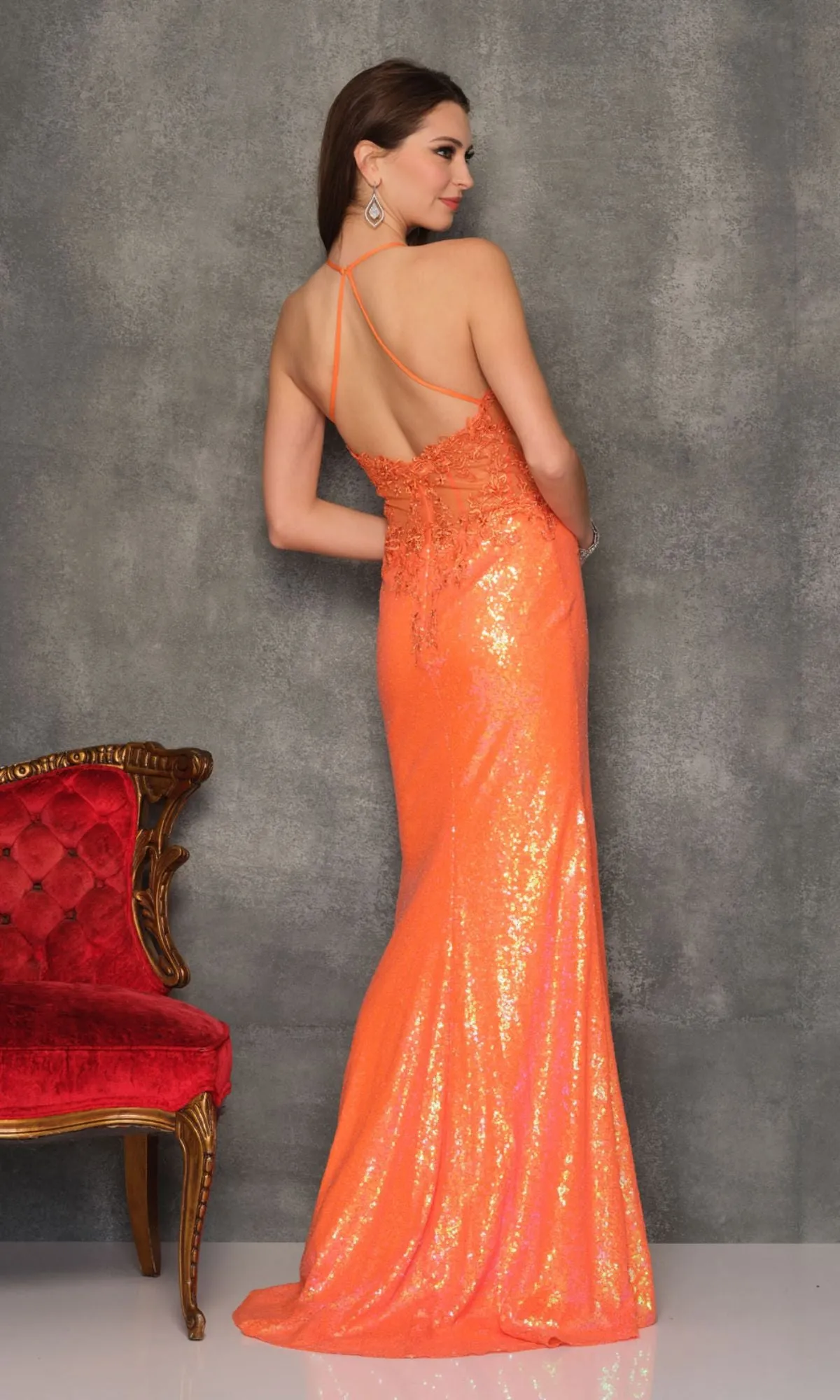 Dave & Johnny Long Orange Sequin Prom Dress sold by PromGirl product image thumbnail 2
