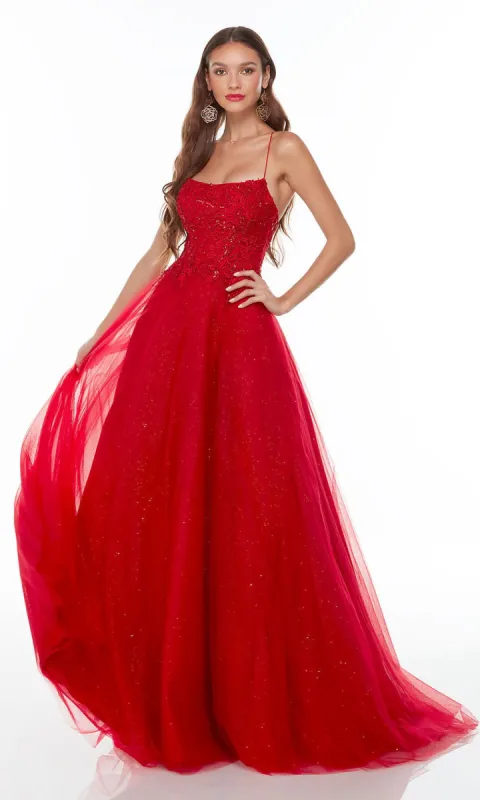 Alyce Beaded-Bodice Long Red Glitter Prom Ball Gown sold by PromGirl
