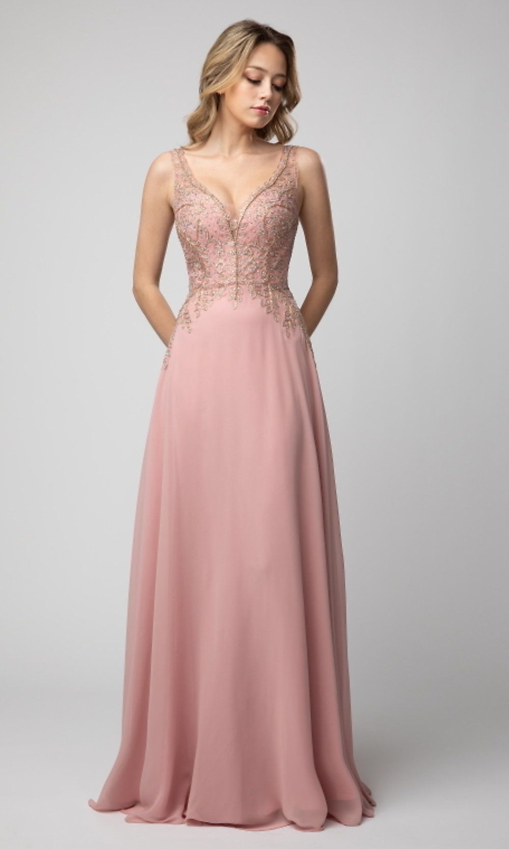 V-Neck Long Shail K Prom Dress with Beaded Bodice sold by PromGirl product image thumbnail 3
