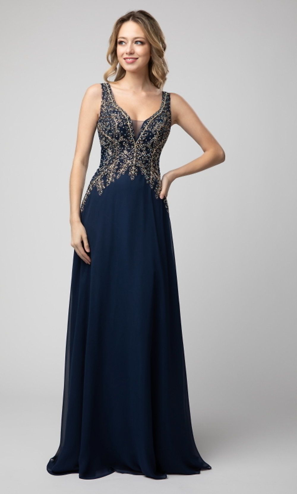 V-Neck Long Shail K Prom Dress with Beaded Bodice sold by PromGirl