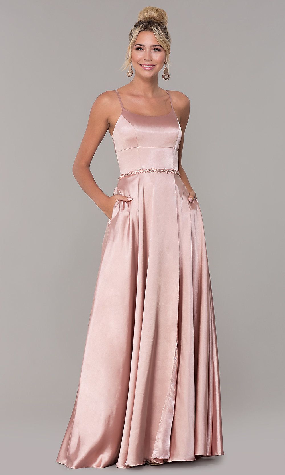 Long Satin Prom Dress with Pockets and Beaded Waist sold by PromGirl product image thumbnail 5