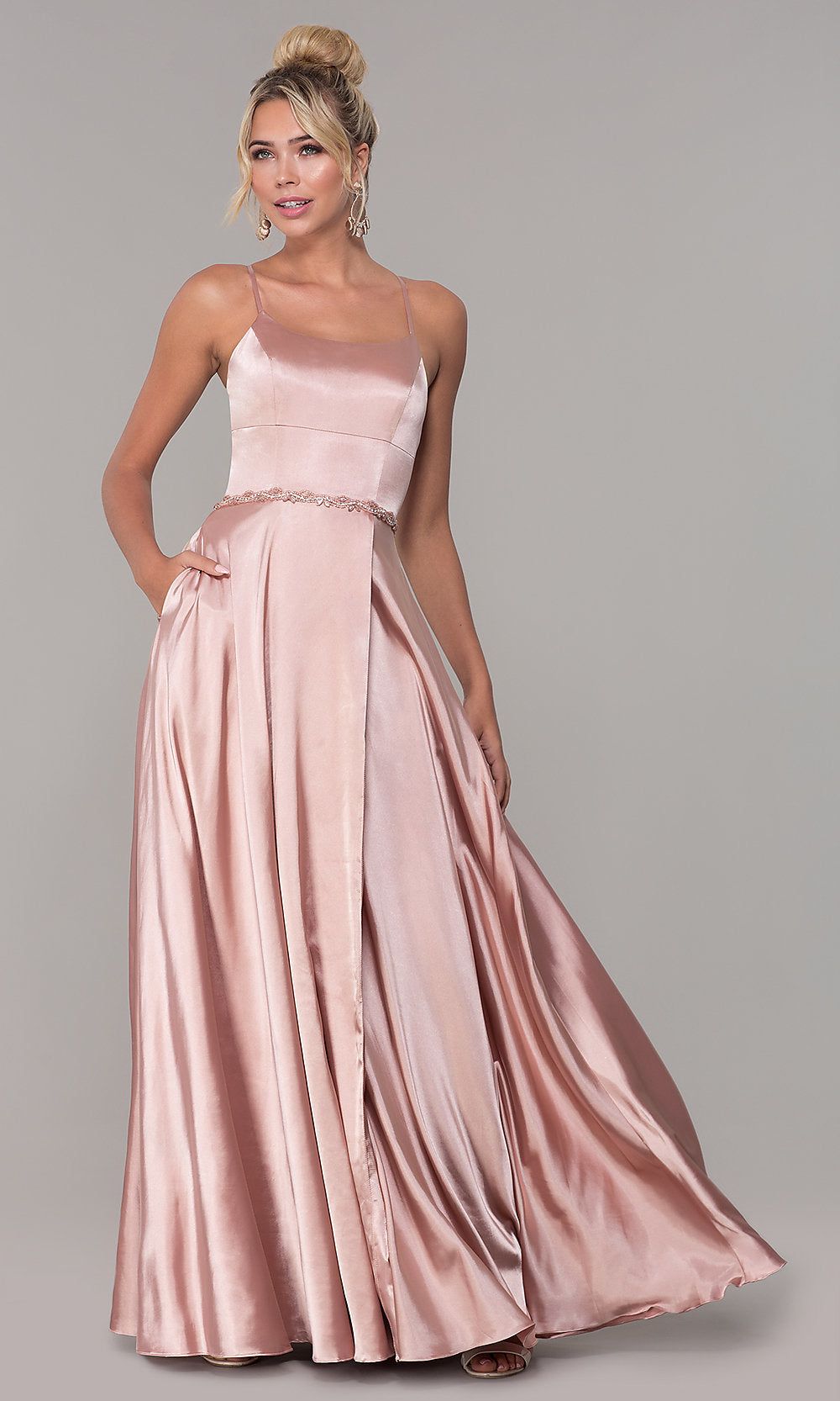 Long Satin Prom Dress with Pockets and Beaded Waist sold by PromGirl product image thumbnail 3