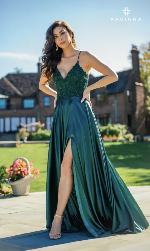 Faviana Lace-Bodice Long A-Line Prom Dress sold by PromGirl