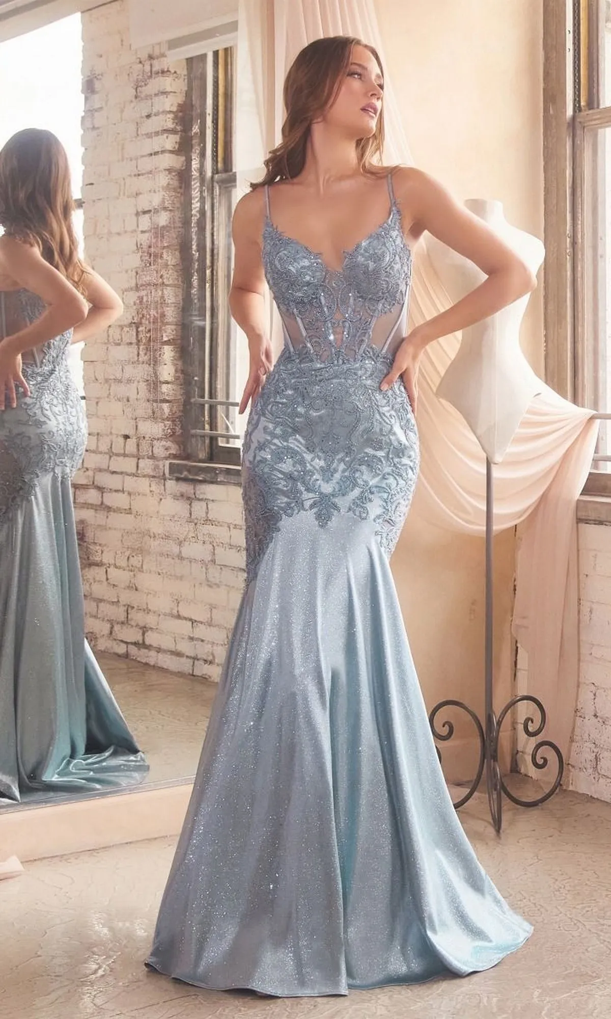 Glitter-Lace Sheer-Bodice Long Prom Dress CDS470 sold by PromGirl