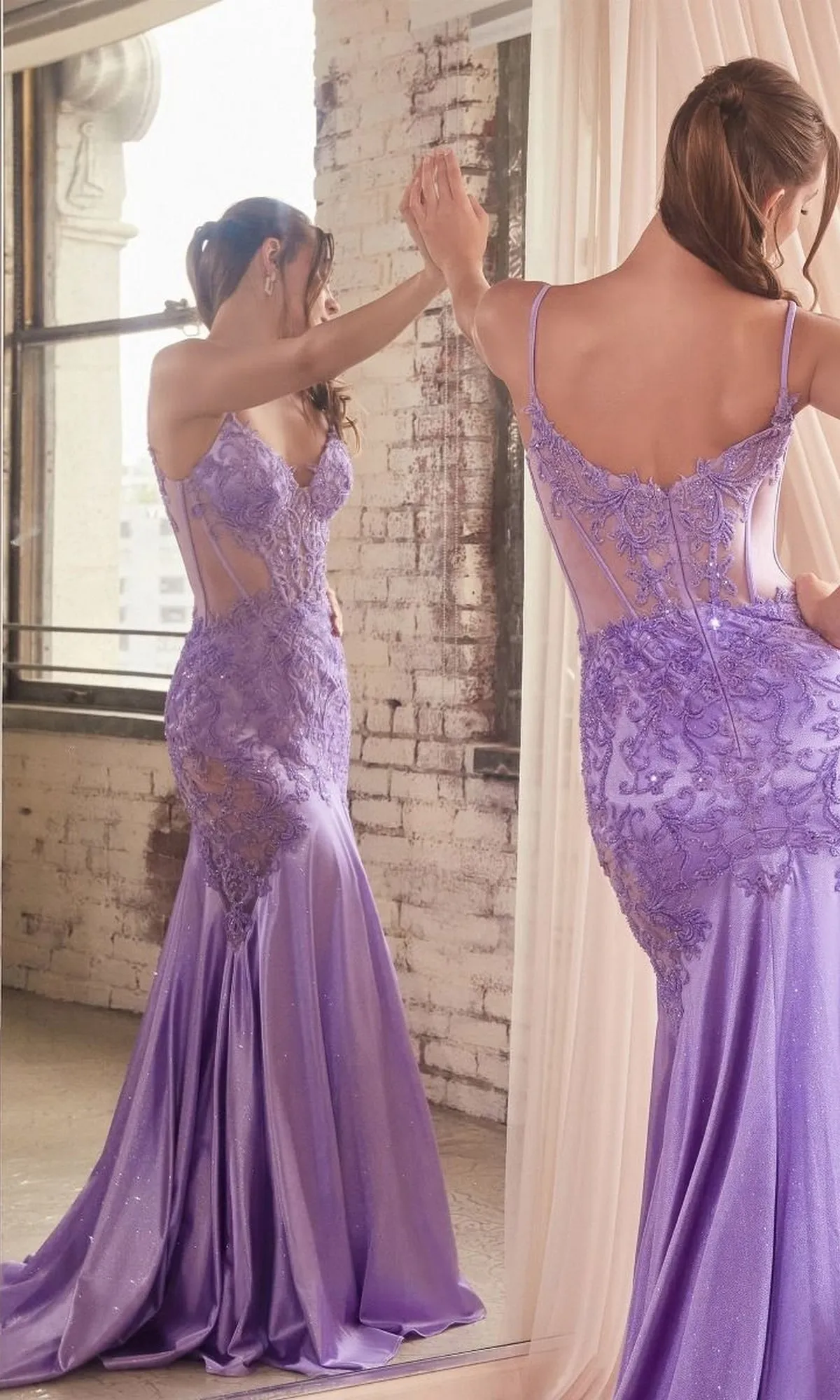 Glitter-Lace Sheer-Bodice Long Prom Dress CDS470 sold by PromGirl product image thumbnail 2