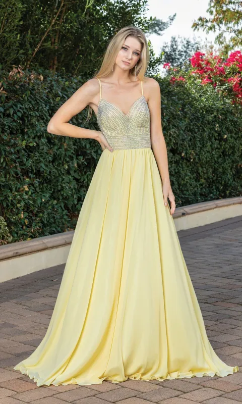 Long A-Line Beaded-Bodice Lace-Up Prom Dress sold by PromGirl