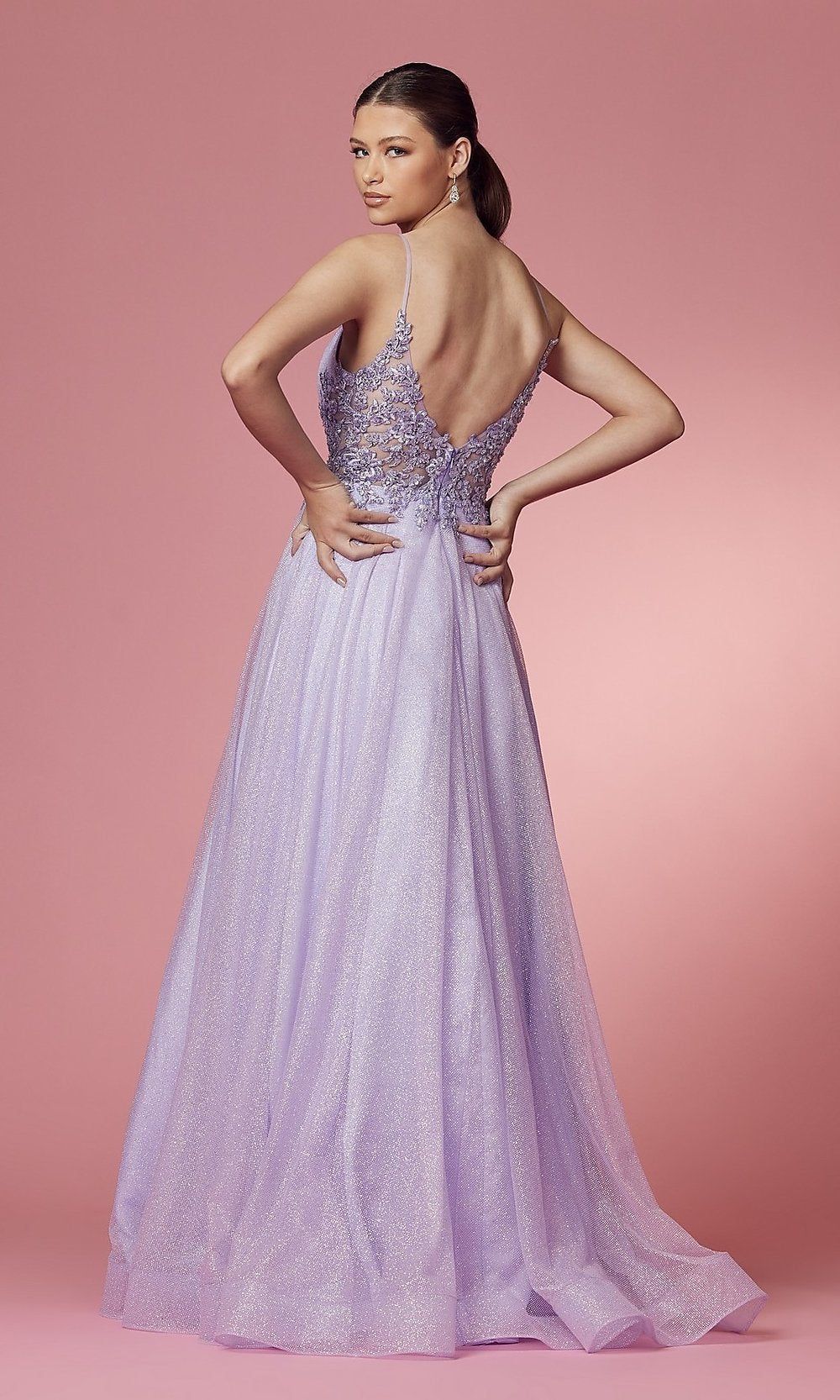 Embroidered Sheer-Back Long Glitter Prom Dress sold by PromGirl product image thumbnail 4