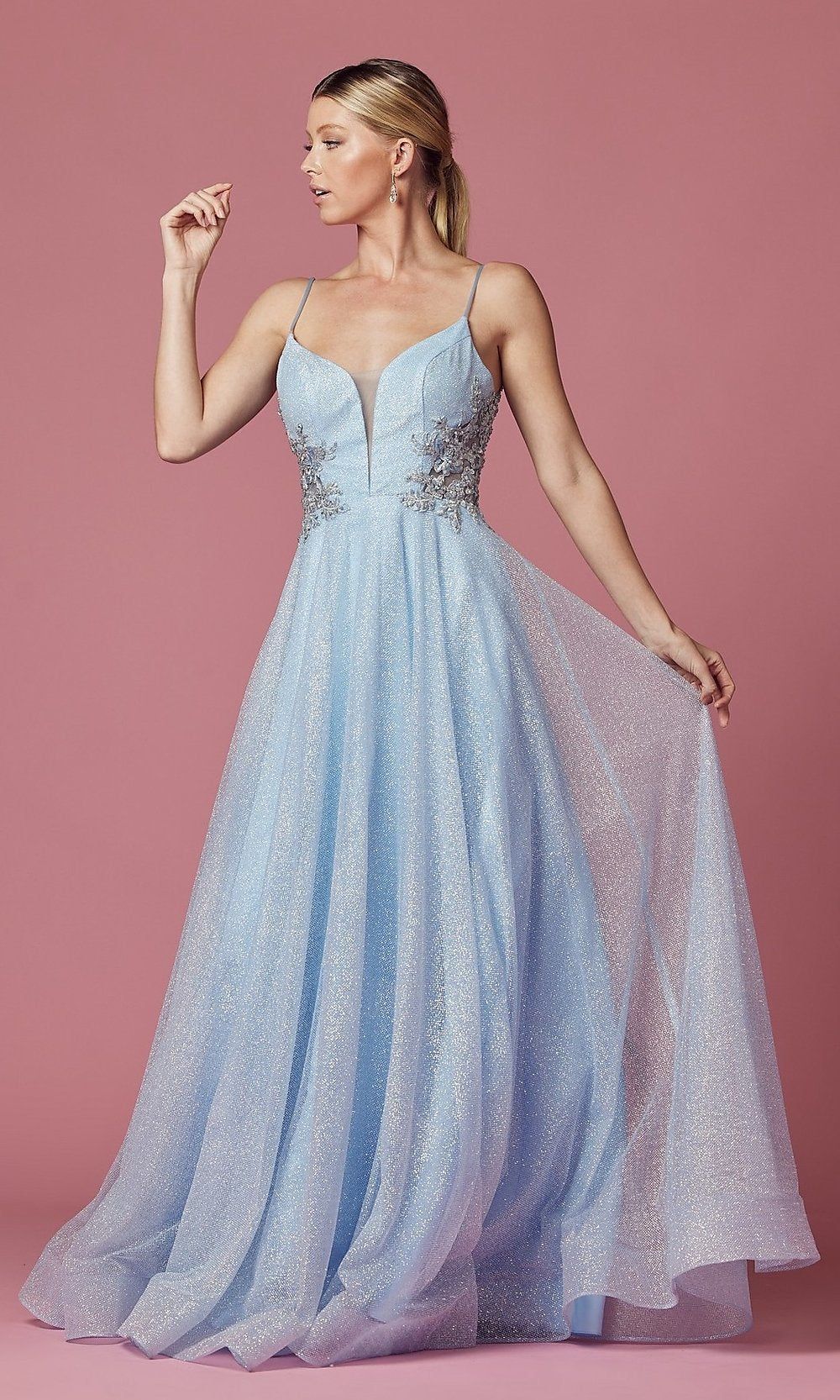 Embroidered Sheer-Back Long Glitter Prom Dress sold by PromGirl