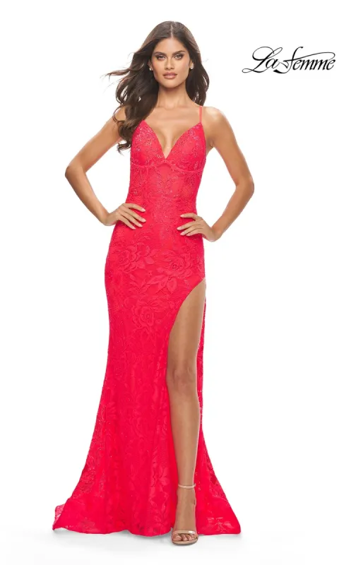 Long Lace Mermaid Prom Dress: La Femme 31404 sold by PromGirl