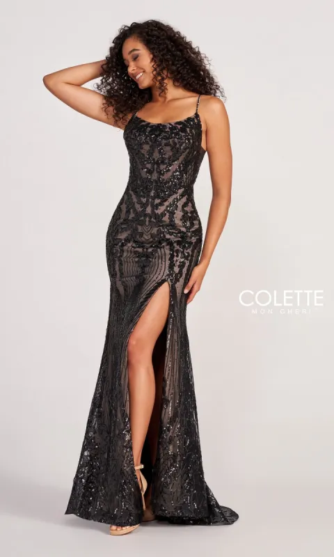 Colette CL2035 Sequin-Tulle Long Black Formal Dress sold by PromGirl