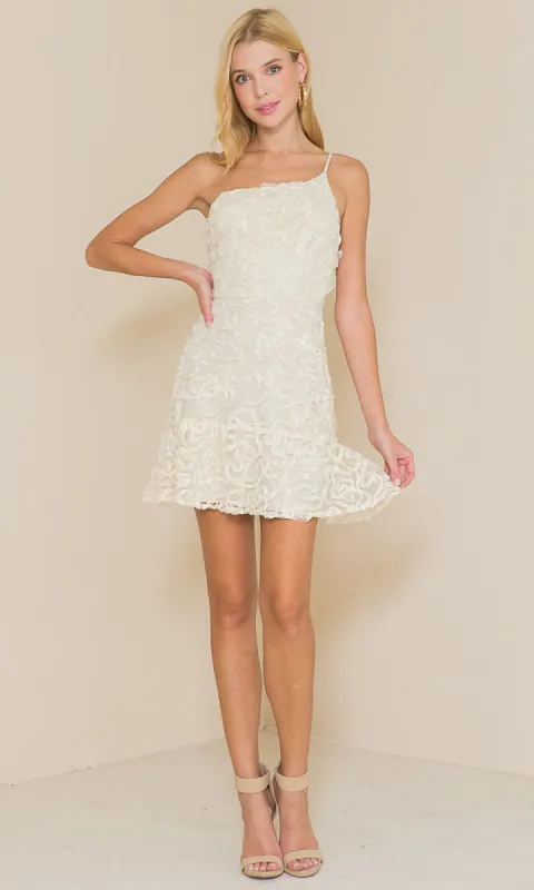 One-Shoulder Short Cream White Lace Grad Dress sold by PromGirl