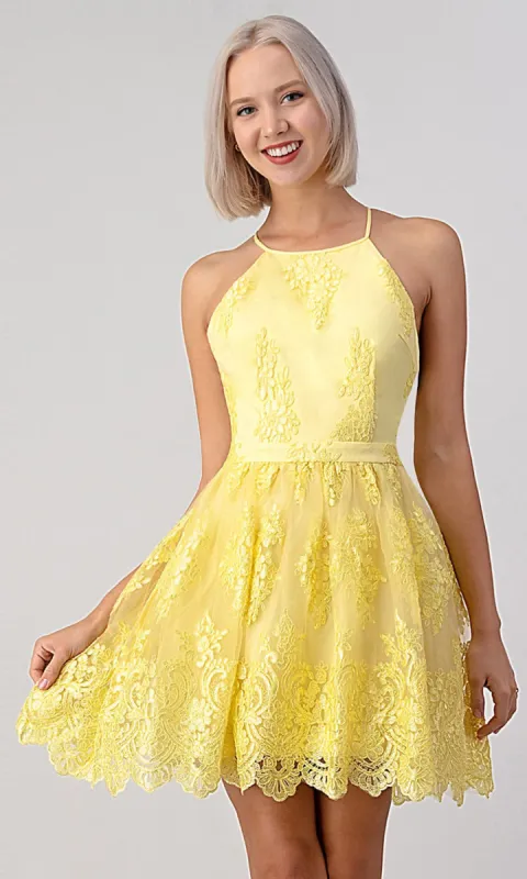 High-Neck Short Lace A-Line Graduation Dress sold by PromGirl