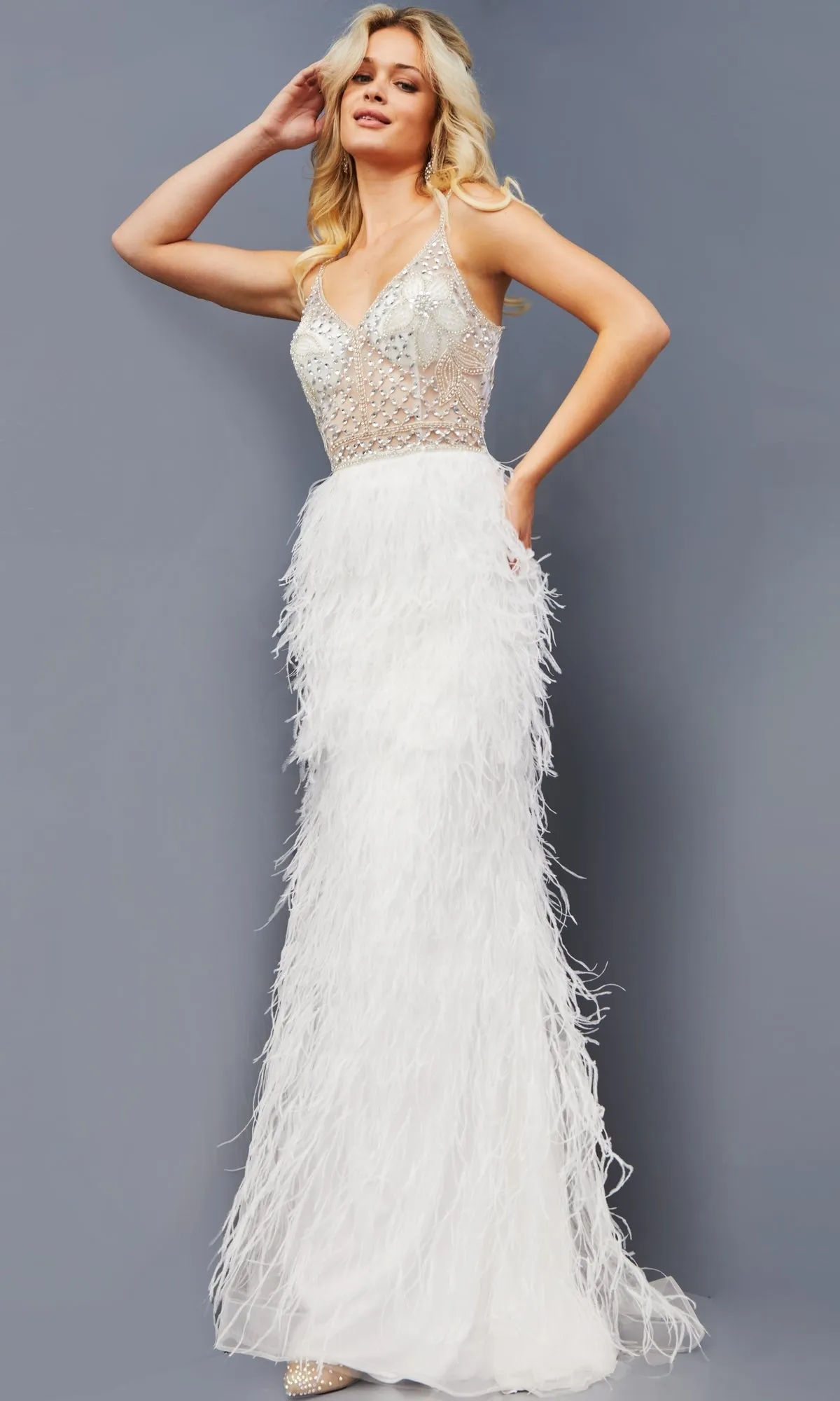 Sheer-Bodice Long Feather Formal Dress 08525 sold by PromGirl