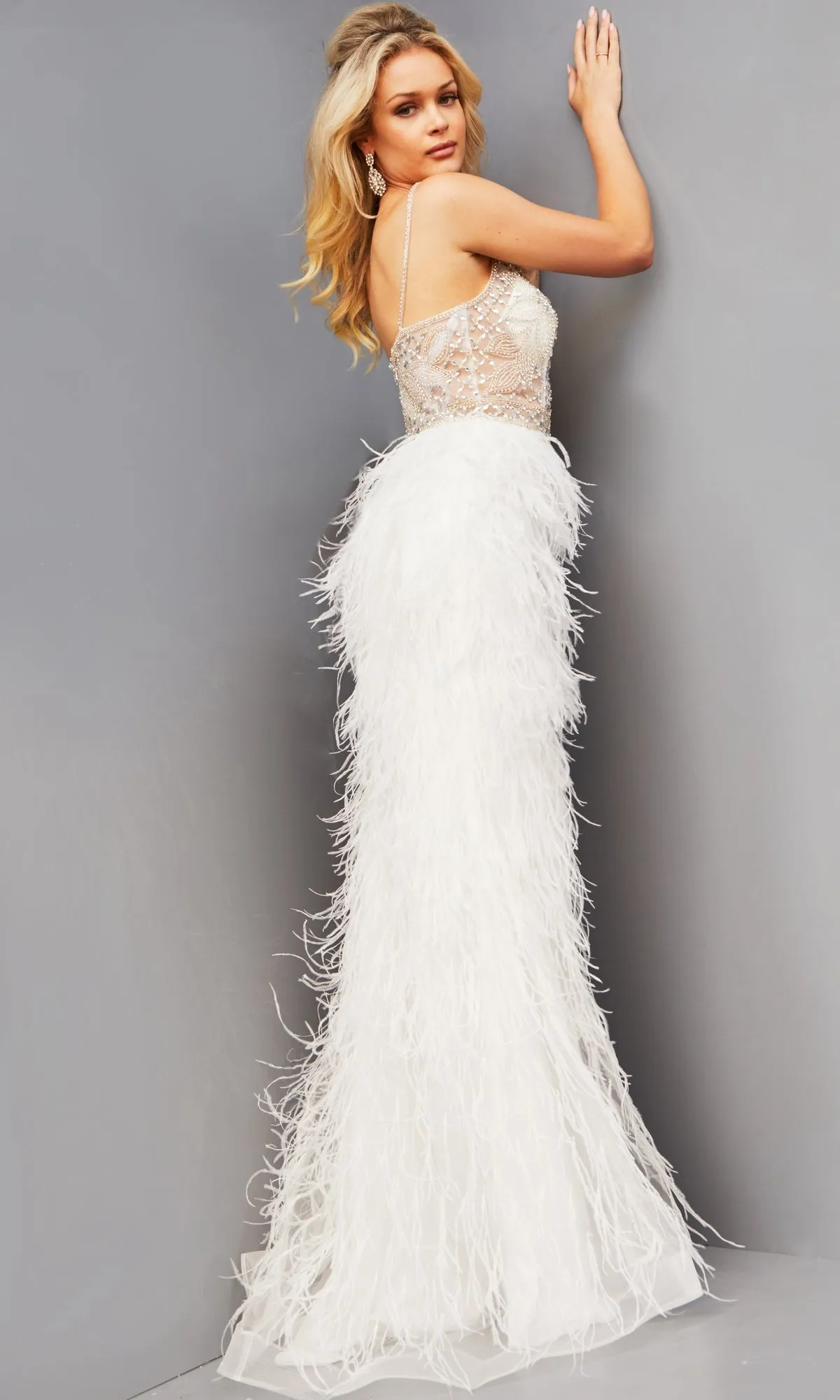 Sheer-Bodice Long Feather Formal Dress 08525 sold by PromGirl product image thumbnail 2