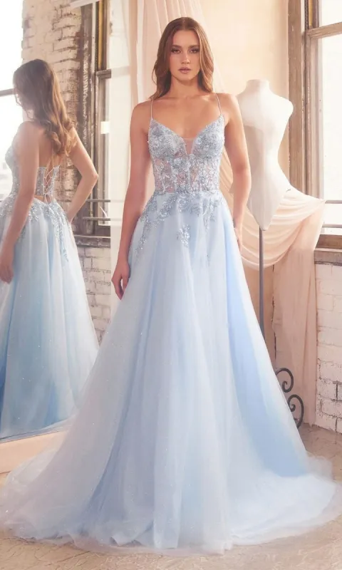 Embroidered Sheer-Corset Long Blue Prom Ball Gown sold by PromGirl