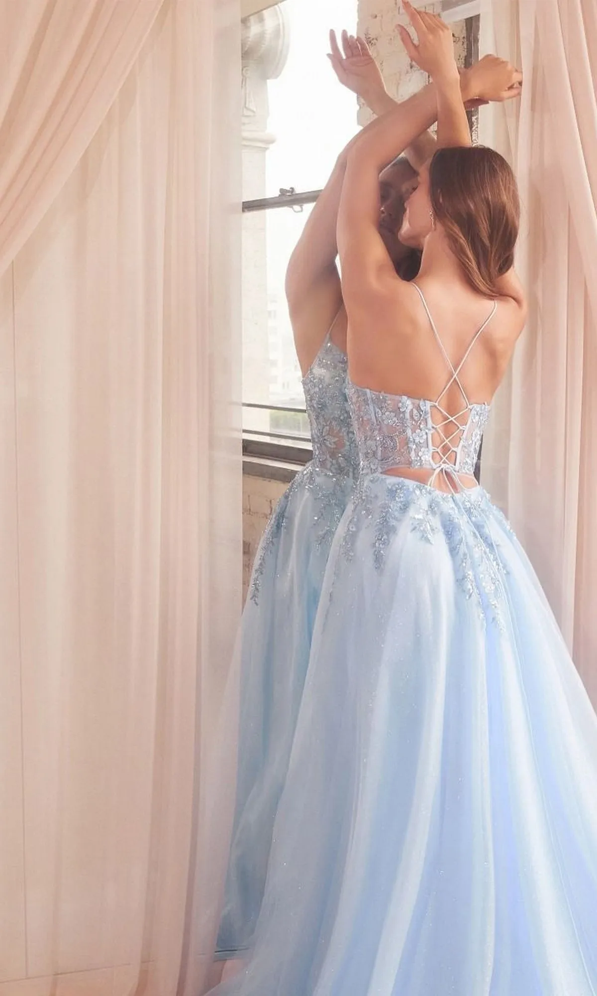Embroidered Sheer-Corset Long Blue Prom Ball Gown sold by PromGirl product image thumbnail 2