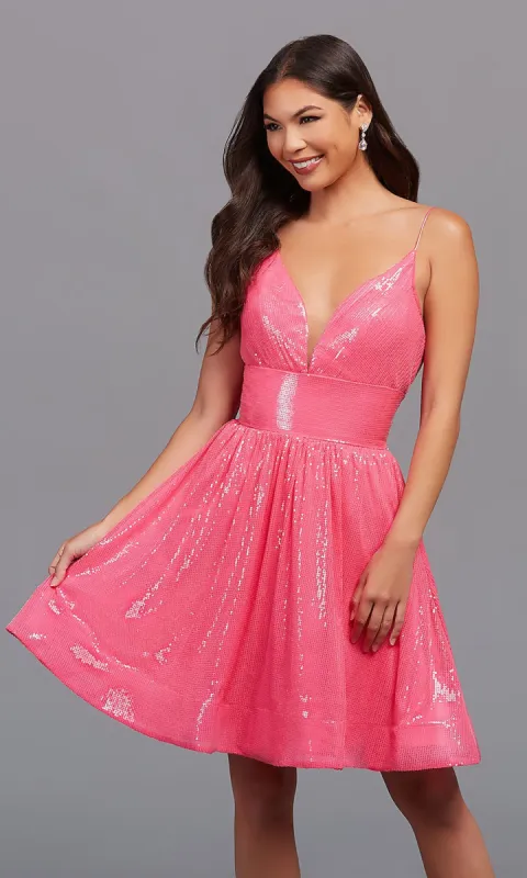 Fuchsia Pink Sequin Knee-Length Homecoming Dress sold by PromGirl
