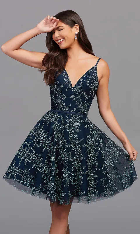 Knee-Length Glitter-Print Navy Blue Hoco Dress sold by PromGirl