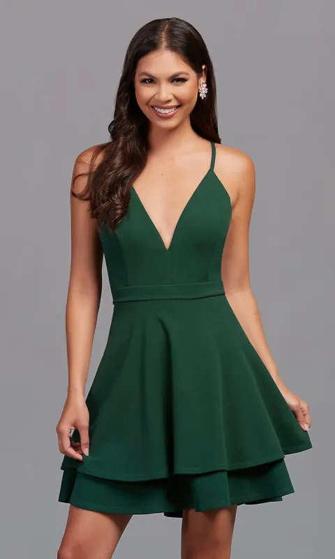 Dark Green Layered A-Line Short Homecoming Dress sold by PromGirl