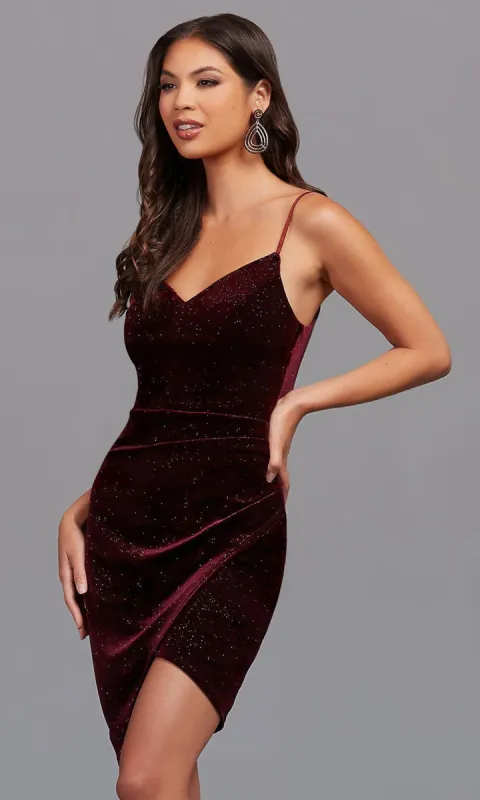Dark Red Glitter Homecoming Dress with Tulip Hem sold by PromGirl
