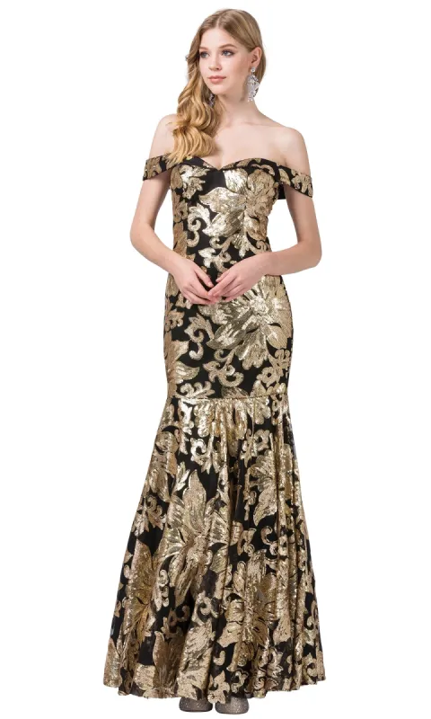 Sequin-Print Off-the-Shoulder Long Formal Gown sold by PromGirl