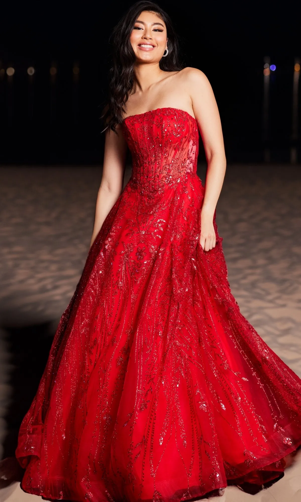 Strapless Long Glitter Corset Prom Gown JVN26109 sold by PromGirl