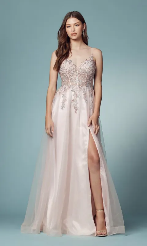 Embroidered-Bodice Prom Ball Gown in Blush Pink sold by PromGirl