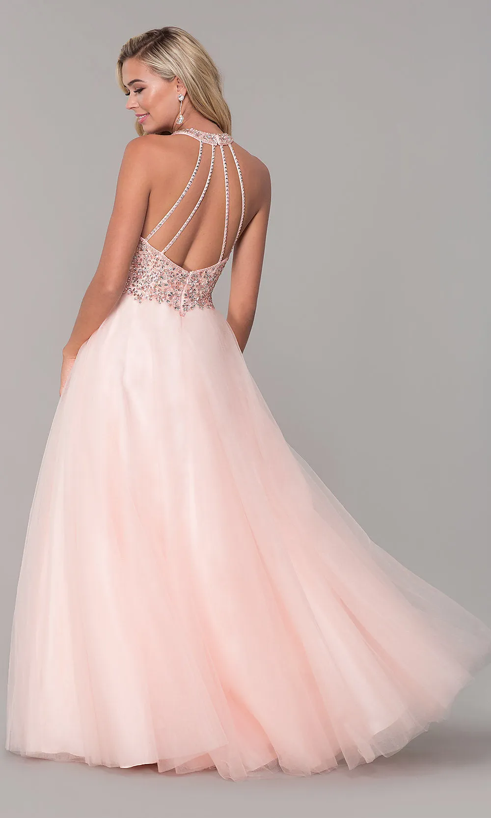 Long V-Neck Tulle Prom Dress with Beaded Bodice sold by PromGirl product image thumbnail 2