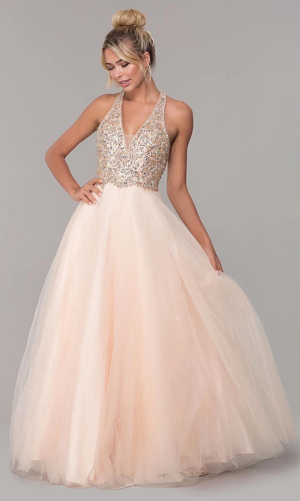 Long V-Neck Tulle Prom Dress with Beaded Bodice sold by PromGirl product image thumbnail 3