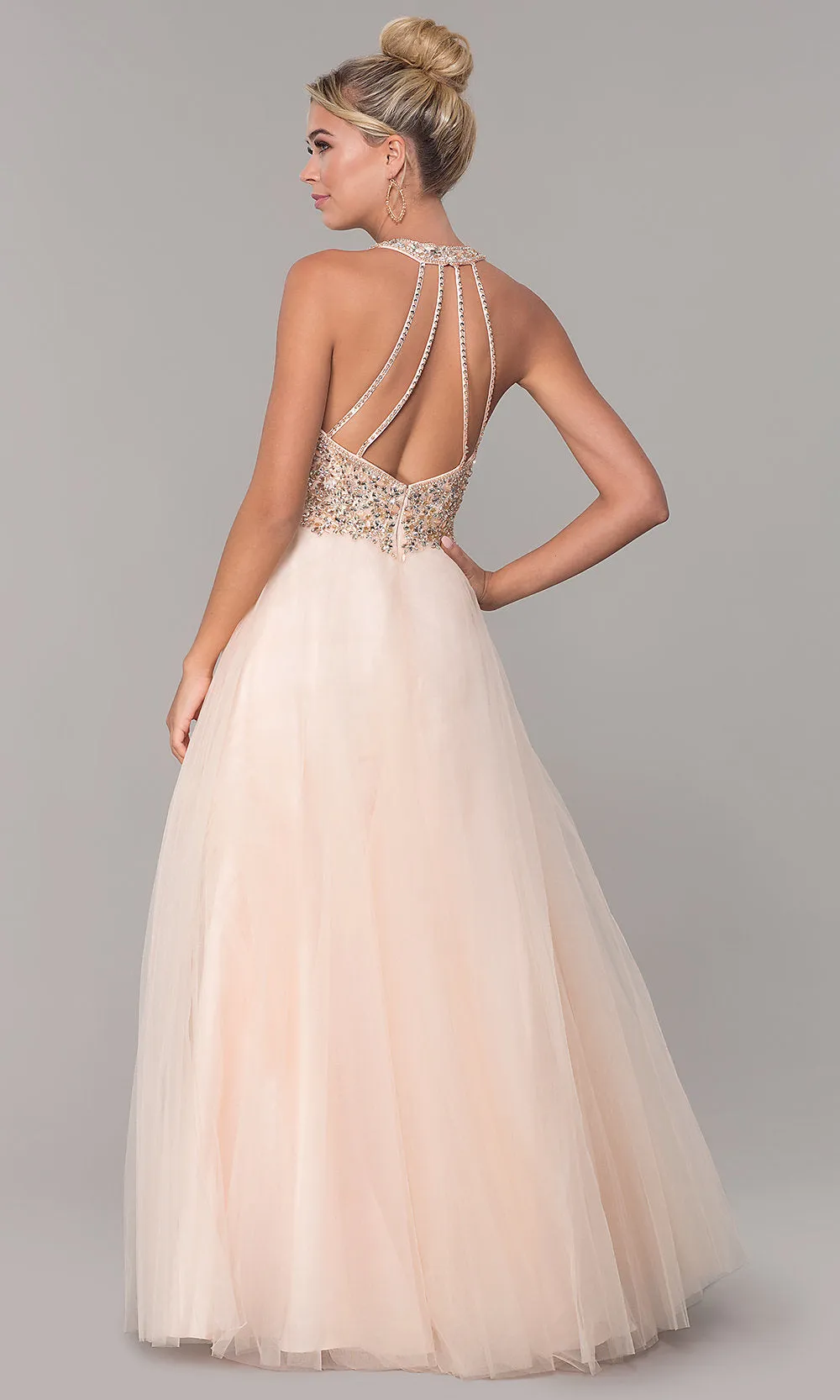 Long V-Neck Tulle Prom Dress with Beaded Bodice sold by PromGirl product image thumbnail 5