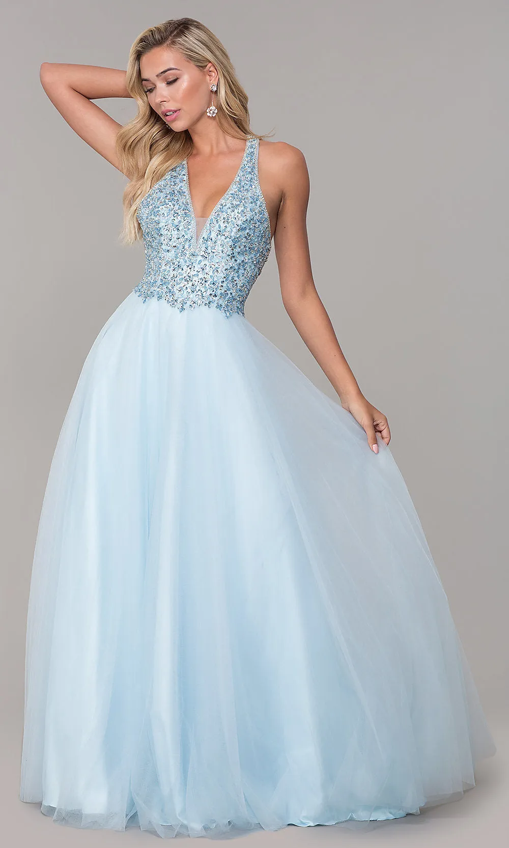 Long V-Neck Tulle Prom Dress with Beaded Bodice sold by PromGirl product image thumbnail 4