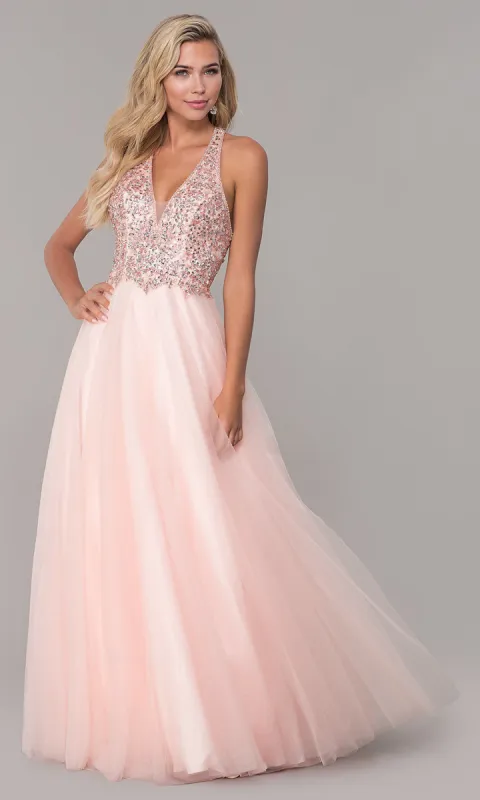 Long V-Neck Tulle Prom Dress with Beaded Bodice sold by PromGirl