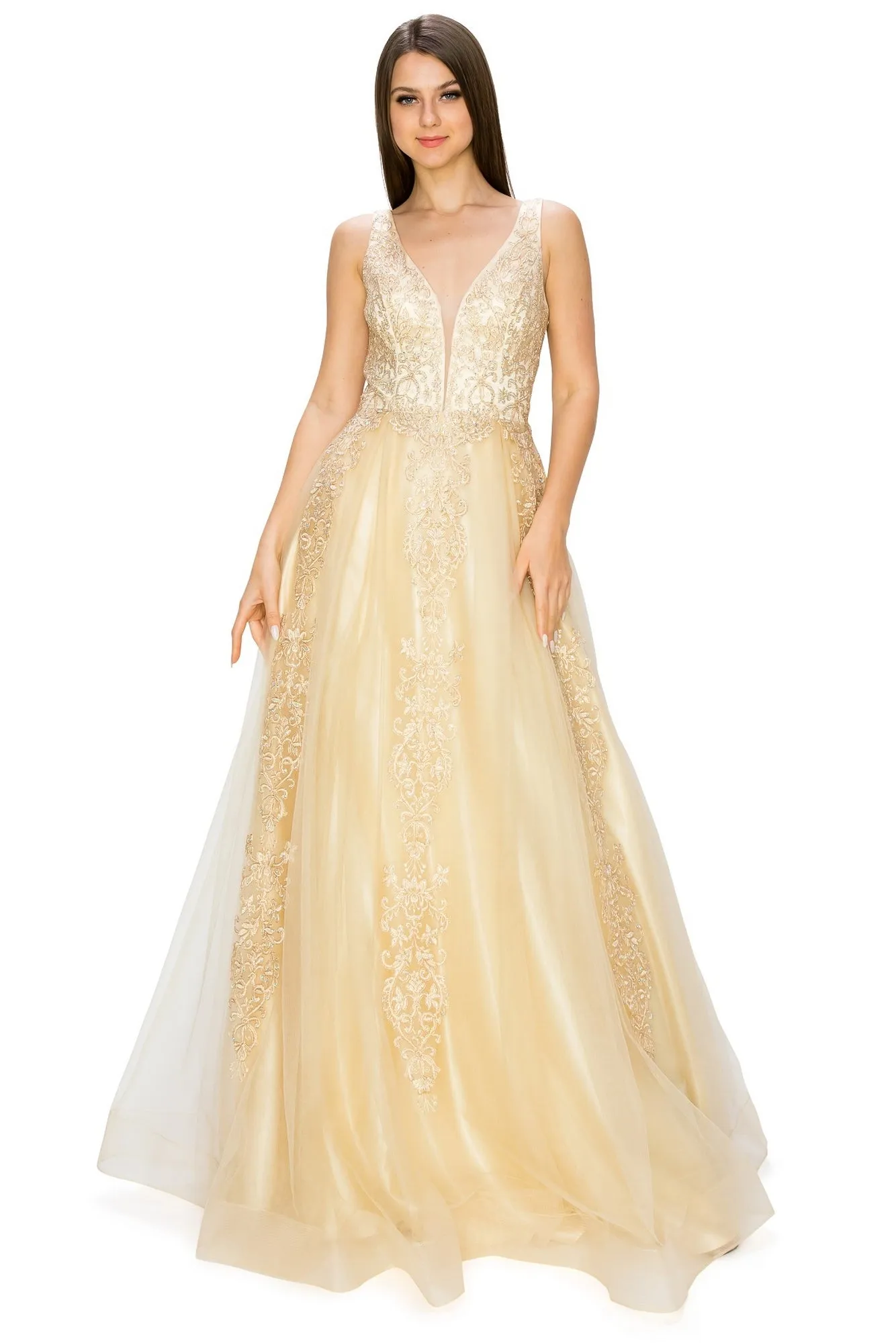 A-Line Gold-Embroidered Long Prom Ball Gown 8029J sold by PromGirl product image thumbnail 5