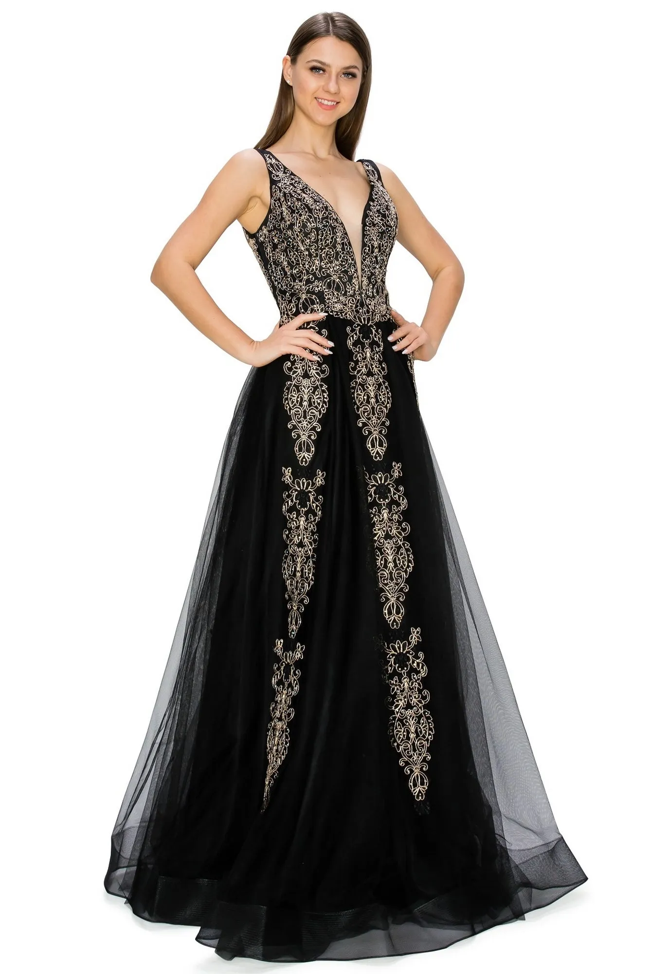A-Line Gold-Embroidered Long Prom Ball Gown 8029J sold by PromGirl product image thumbnail 3